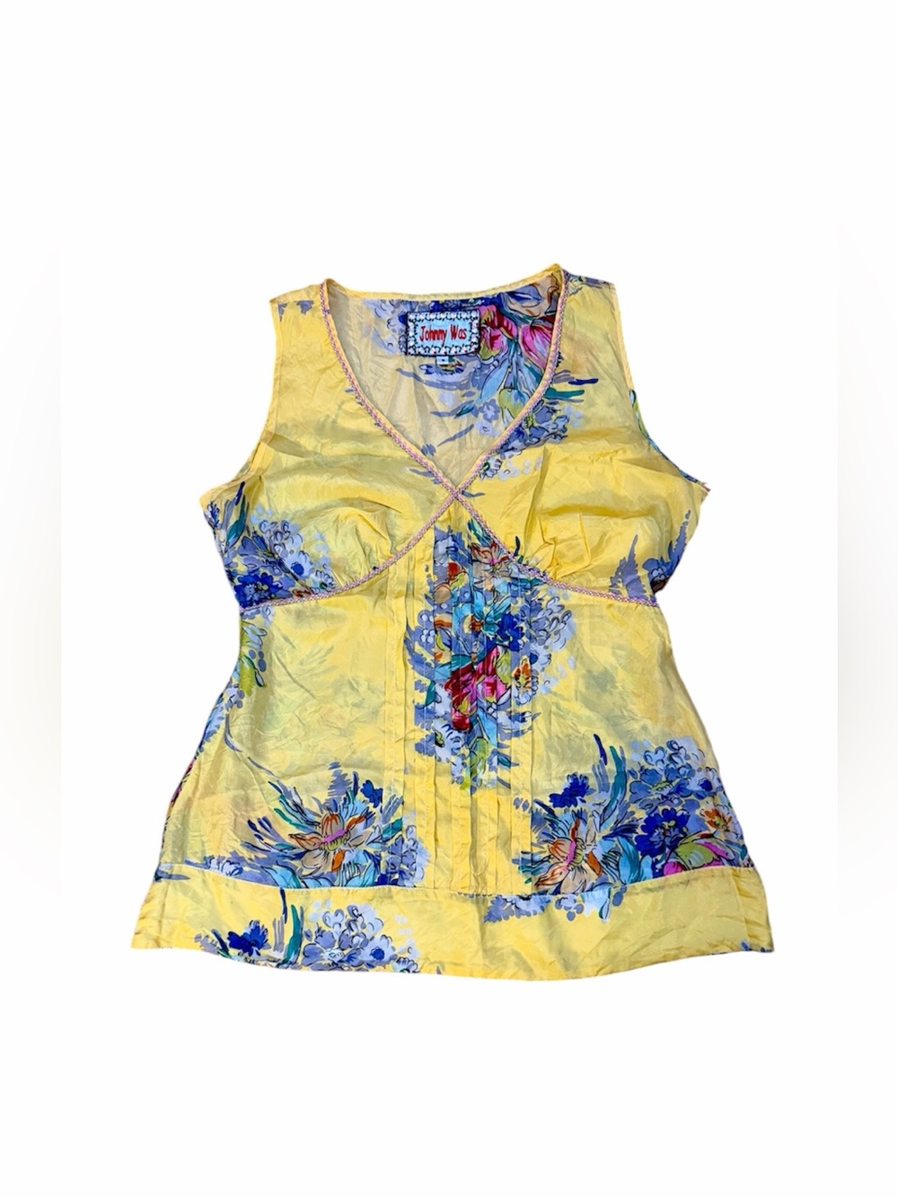Johnny Was Silk Yellow Floral V-Neck Sleeveless  Tank Top Size S